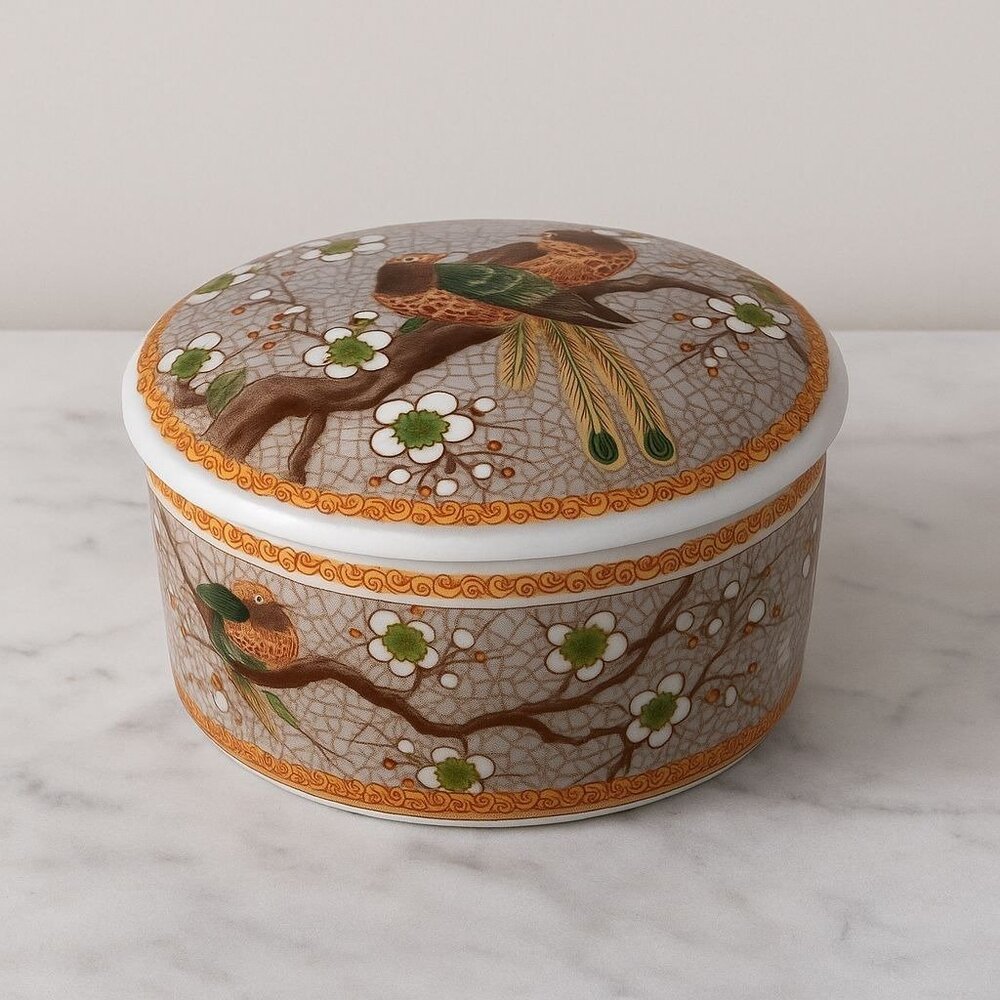 Vtg Japanese Porcelain Trinket Box with Birds & Blossoms Hand Painted Round Dish